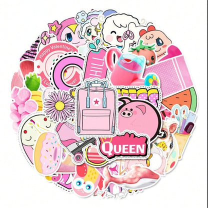 50PCS Art Illustration Popular Creative Cartoon Pink Girl Series Decorative Style Graffiti Stickers Personality Fashion Creative Trend DIY Exquisite Decorative Decals for Cups, Helmets, Skateboards Popular Stickers Toys