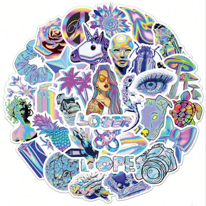 50PCS Art Illustration Popular Creative Cartoon Animation Colour Laser Small Fresh Series Decorative Style Graffiti Stickers Personality Fashion Creative Trend DIY Exquisite Decorative Decals Suitable for Cups, Helmets, Skateboards Popular Stickers Toys
