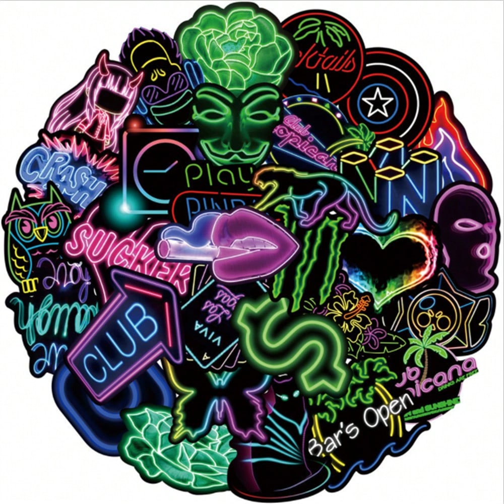 50 Artistic Illustration Cartoon Animation Neon Glow Character Style Graffiti Stickers, Creative Trendy Decorative Decals, Suitable for Cups, Helmets, Skateboards, Popular Stickers