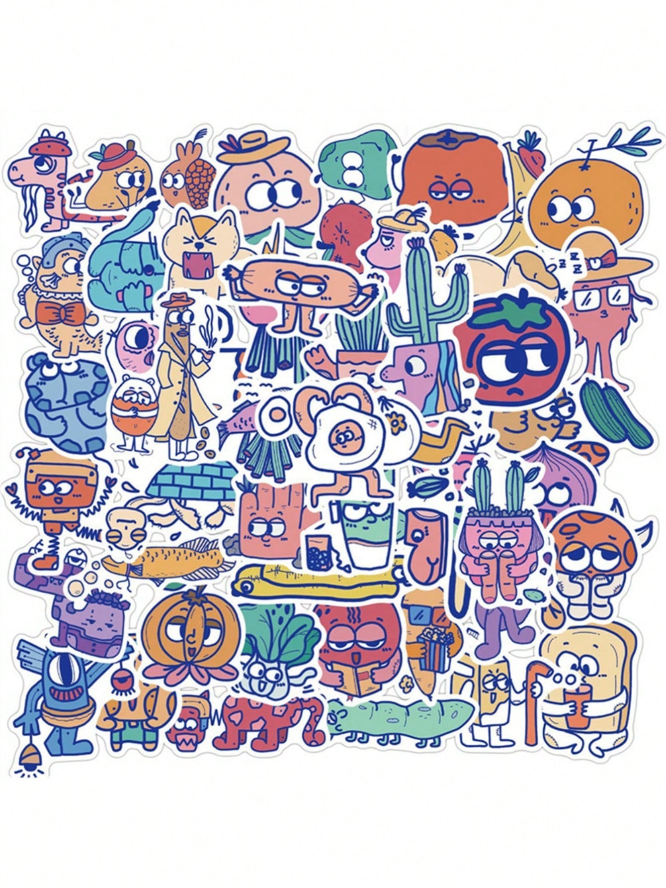 50PCS Art Illustration Popular Creative Cartoon Cute Anthropomorphic Food Series Decorative Style Graffiti Sticker Personality Fashion Creative Trend DIY Exquisite Decorative Decals Suitable for Cups, Helmets, Skateboards Popular Stickers Toys