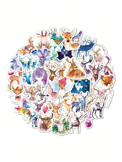 50PCS Art Illustration Popular Creative Cartoon Cute Animal Watercolour Moose Series Decorative Style Graffiti Sticker Personality Fashion Creative DIY Exquisite Decorative Decals Suitable For Cups, Helmets, Skateboards Popular Stickers Toys