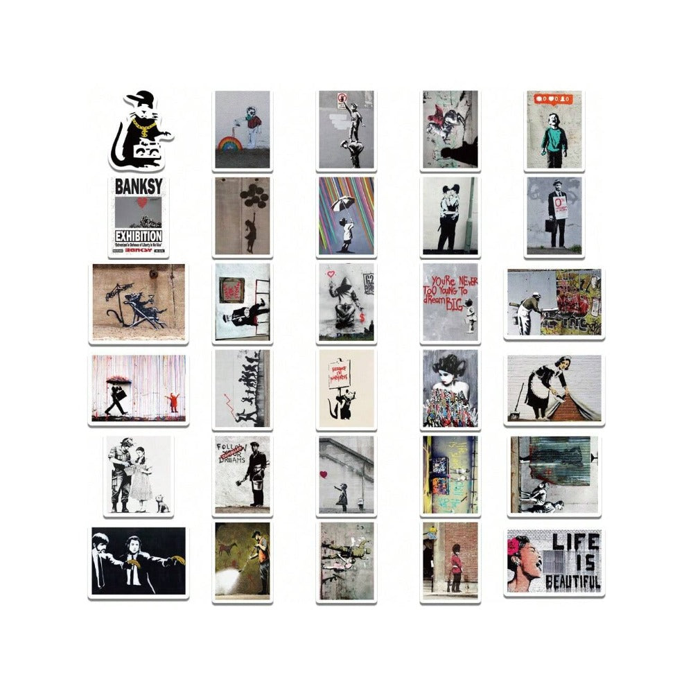 67PCS Street Artist Banksy Graffiti Stickers Exquisite, Fashionable, Creative DIY Journal Decorations Suitable for Notebooks, Guitars, Skateboards, and Stationery Cases