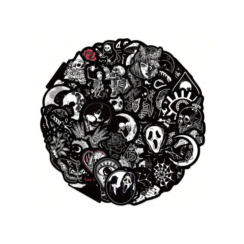 50PCS Cartoon Gothic Devil Black & White Punk Graffiti Stickers Exquisite Fashion Creative DIY Journal Decorative Decals Suitable for Skateboards, Guitars, Helmets, Bags, Stationery Cases