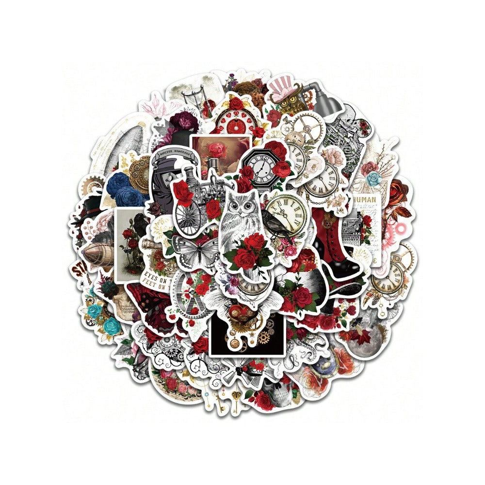 50PCS Steampunk Style Cartoon Deep Rose Graffiti Stickers Exquisite Fashion Creative DIY Decorative Sticker Decals Suitable for Notebooks, Helmets, Guitars, Skateboards, Stationery Boxes, and Desktops