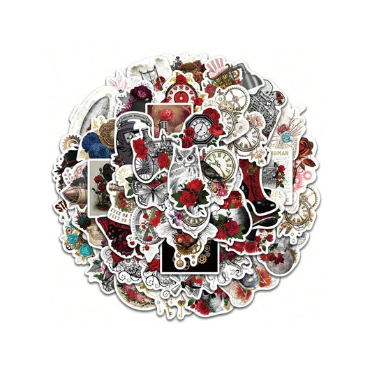 50PCS Steampunk Style Cartoon Deep Rose Graffiti Stickers Exquisite Fashion Creative DIY Decorative Sticker Decals Suitable for Notebooks, Helmets, Guitars, Skateboards, Stationery Boxes, and Desktops