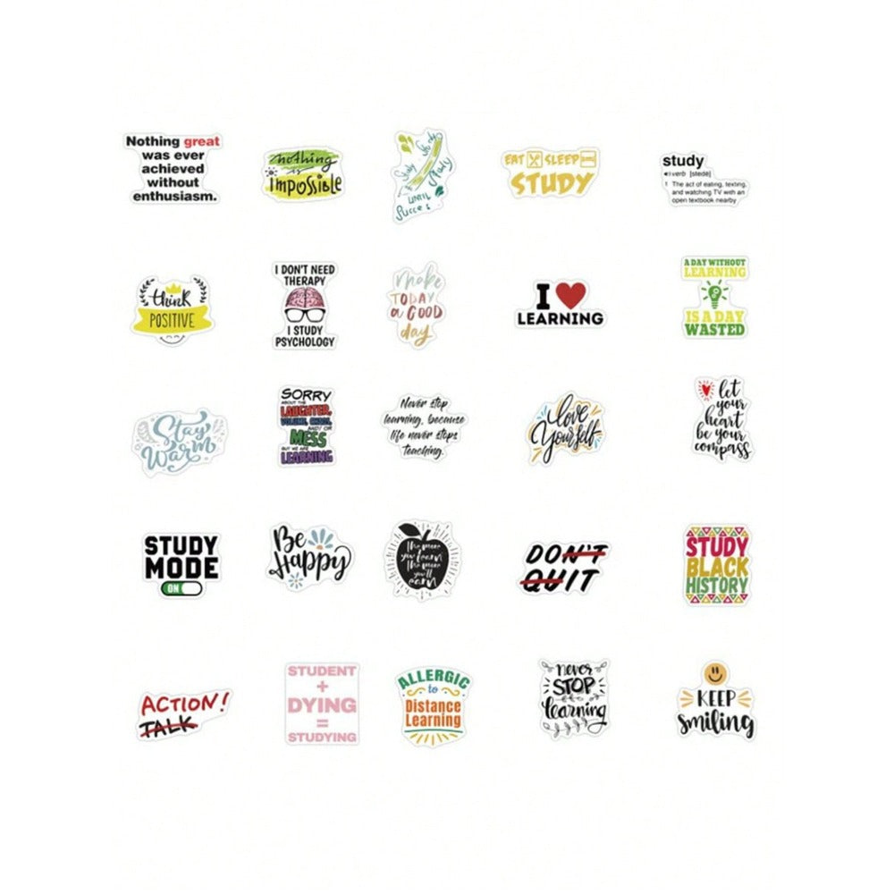 50PCS Inspirational English Learning Motto Doodle Stickers Exquisite, Stylish, Creative DIY Journal Decor Decals Suitable for Mugs, Helmets, Skateboards, and Stationery Cases