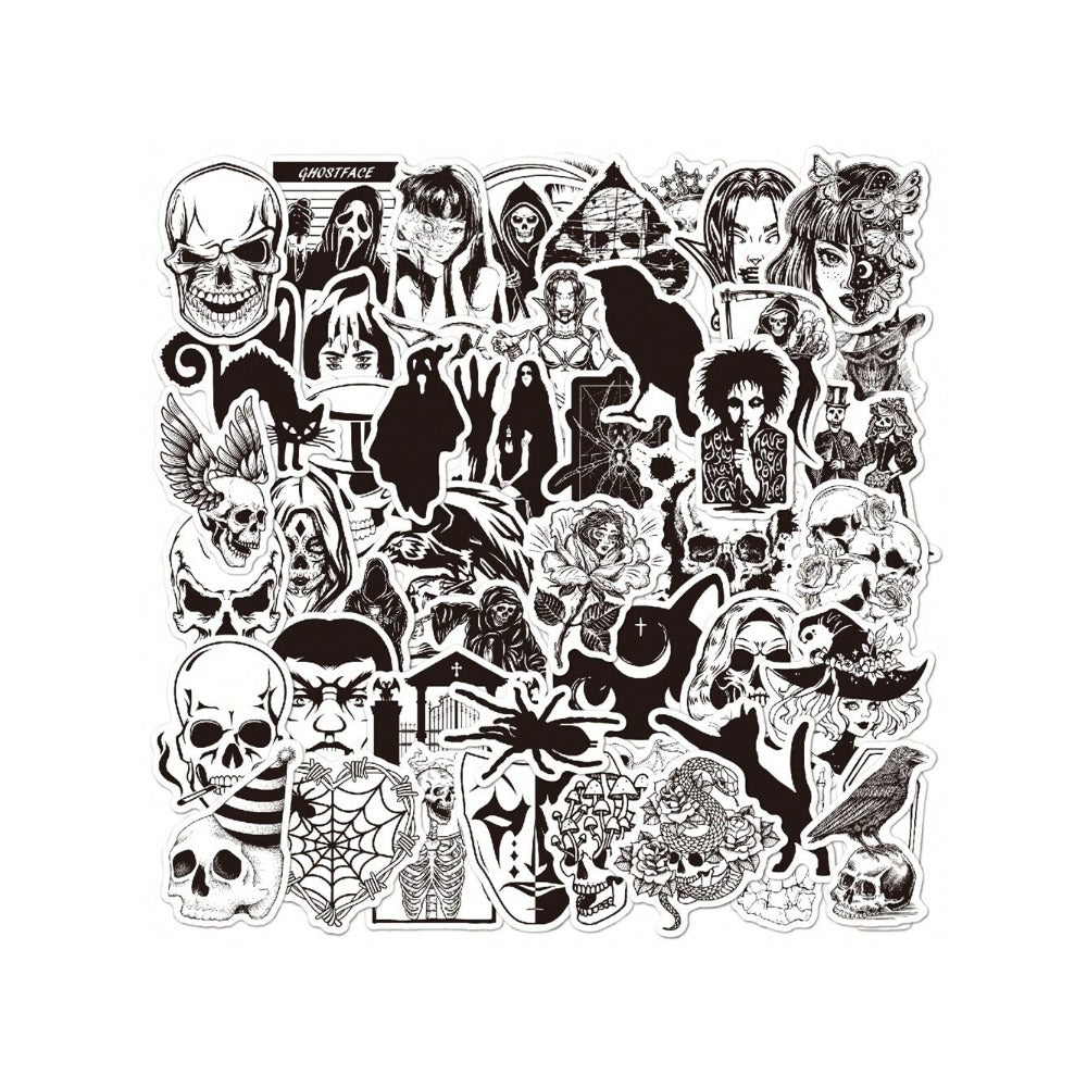 50PCS Cartoon Black & White Gothic Horror Doodle Stickers Exquisite, Fashionable, Creative DIY Journal Decor Decals Suitable for Water Bottles, Helmets, Skateboards, Pencil Cases