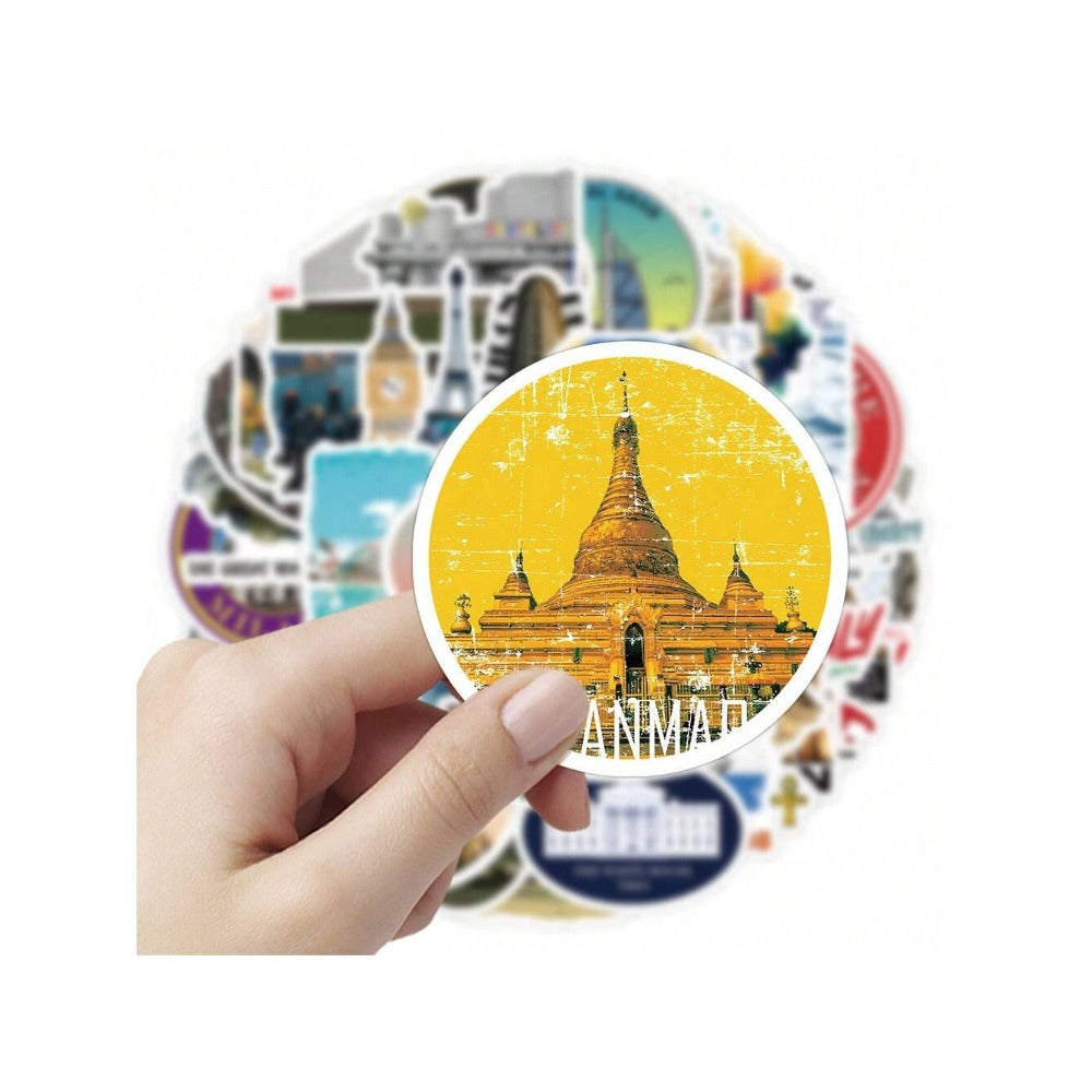 50PCS Cartoon World Famous Buildings Graffiti Stickers Exquisite Creative DIY Journal Decorative Decals Suitable for Notebooks, Refrigerators, Suitcases, Helmets, and Stationery Boxes