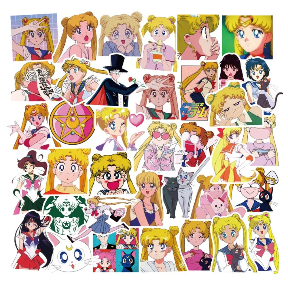 40PCS Cute Cartoon Sailor Moon Doodle Stickers Exquisite Fashionable DIY Journal Decorative Decals Suitable for Skateboards, Bags, Phone Cases, Water Bottles, Stationery Boxes