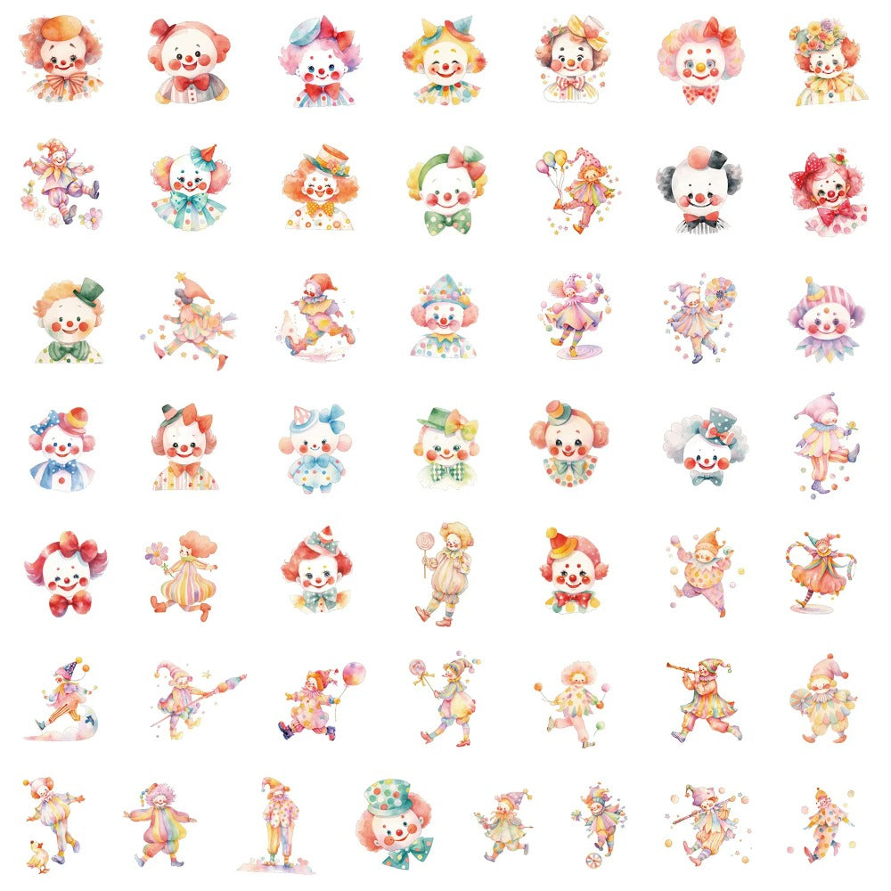 50PCS Happy Circus Clown Stickers, Jolly & Colorful Cartoon Doodles for Birthday Parties and Festive Fun