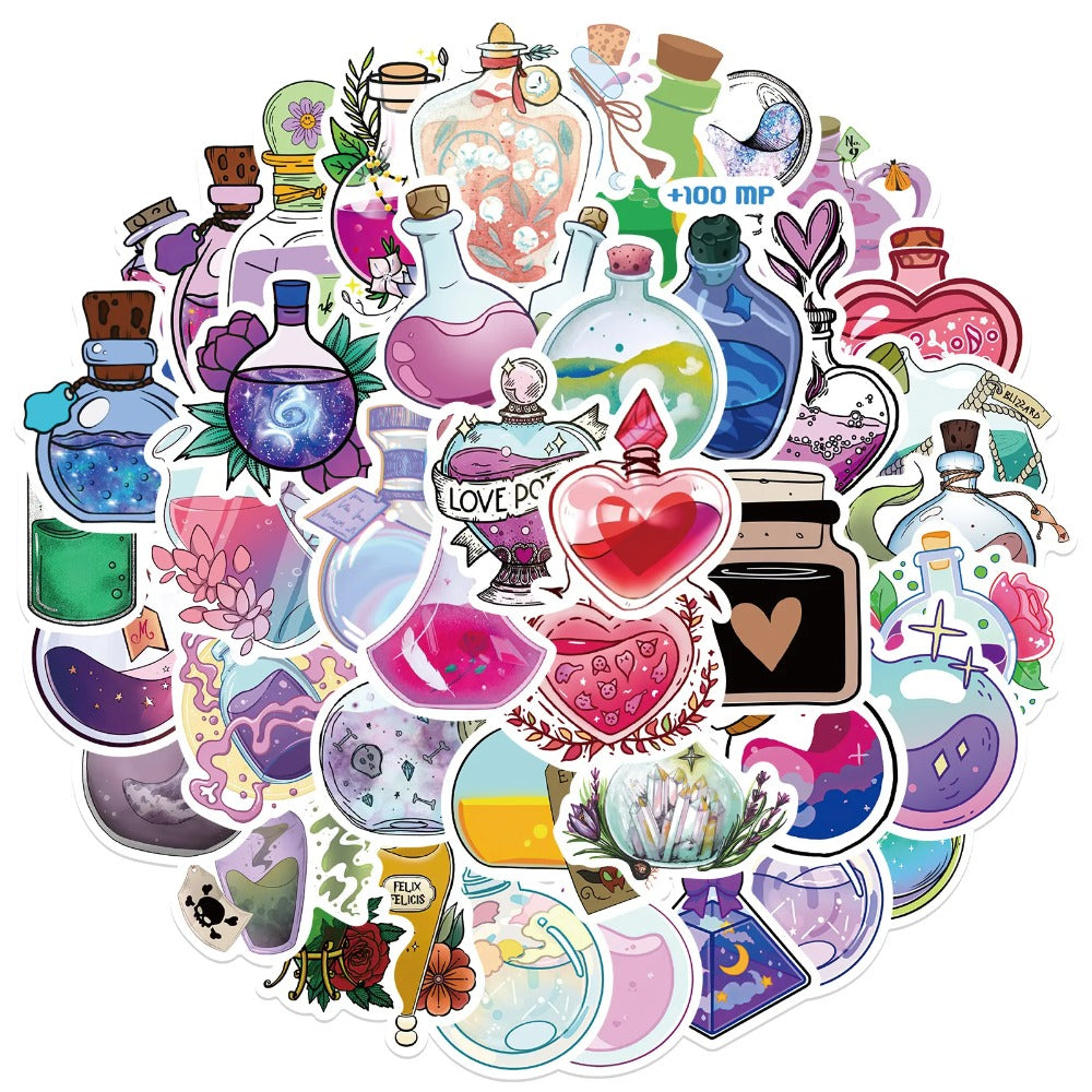50PCS Cartoon Magic Potion Bottle Doodle Stickers Exquisite and Stylish DIY Journal Decorative Decals Suitable for Phone Cases, Laptops, Luggage, Helmets, Guitars, and Stationery Boxes