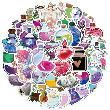 50PCS Cartoon Magic Potion Bottle Doodle Stickers Exquisite and Stylish DIY Journal Decorative Decals Suitable for Phone Cases, Laptops, Luggage, Helmets, Guitars, and Stationery Boxes