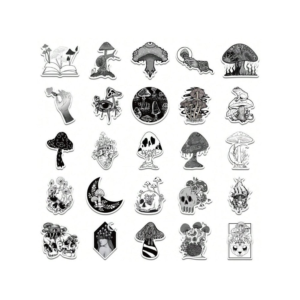 50PCS Gothic Horror Mushroom Series Graffiti Stickers Exquisite Fashion Punk Black & White Skull DIY Journal Decor Decals Suitable for Refrigerators, Helmets, Skateboards, Water Bottles, Stationery Boxes
