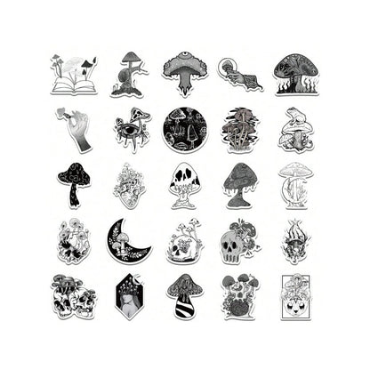 50PCS Gothic Horror Mushroom Series Graffiti Stickers Exquisite Fashion Punk Black & White Skull DIY Journal Decor Decals Suitable for Refrigerators, Helmets, Skateboards, Water Bottles, Stationery Boxes