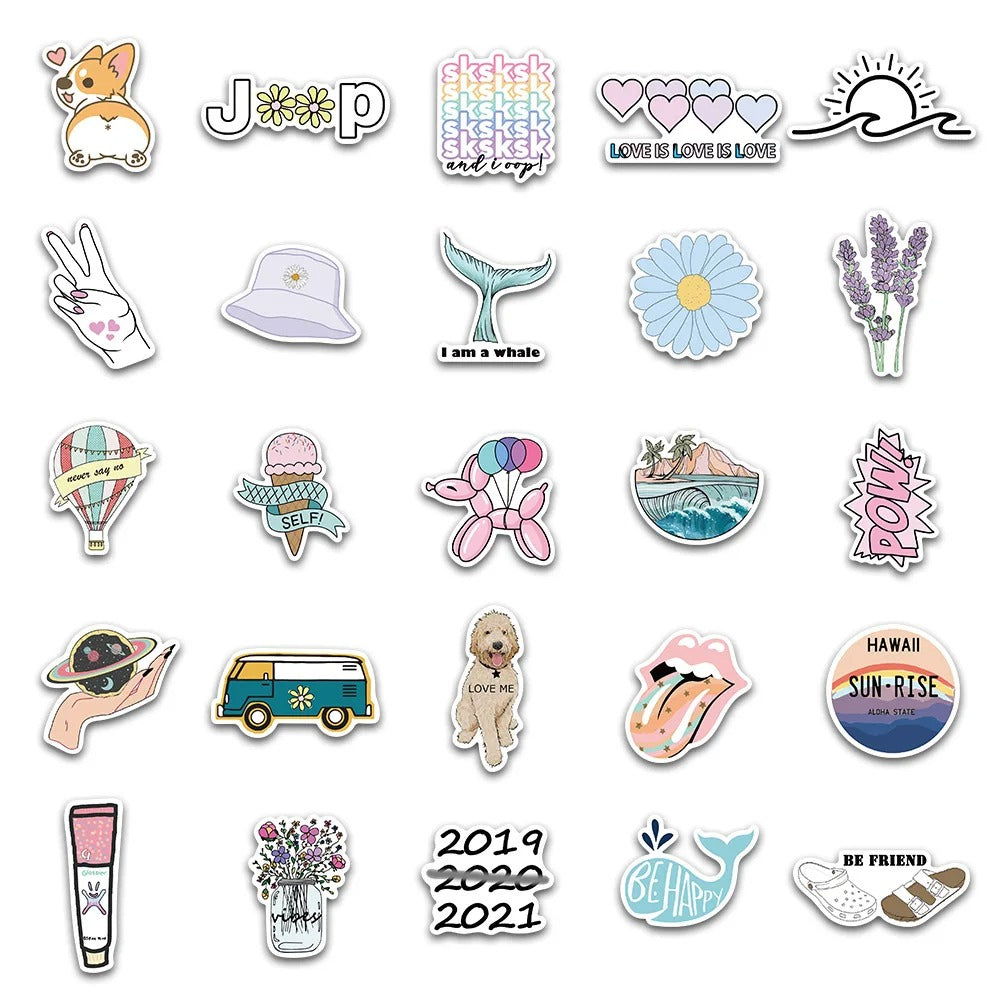 50PCS Trendy Girly Pink Fresh & Cute Doodle Stickers Perfect for Skateboards, Water Bottles, Helmets, Guitars, Exquisite Stationery Boxes, and Desktop Decor Decals