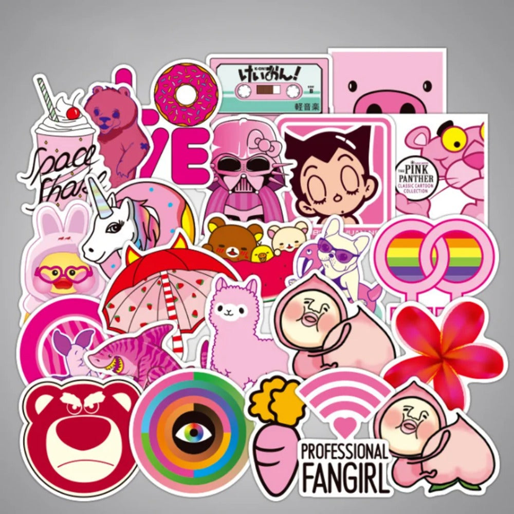 50PCS Pink Girly Artsy Cartoon Cute Doodle Stickers for Guitar, Water Bottle, Skateboard, Fridge, Stationery Box, Desktop Decorative Decals