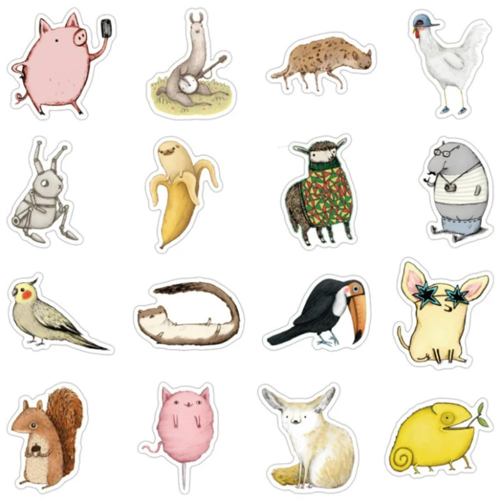 50-Piece Cartoon Animal Collection Doodle Stickers Perfect for Suitcases, Laptops, Skateboards, Water Bottles, Helmets, Stationery Boxes, and Desktop Decor