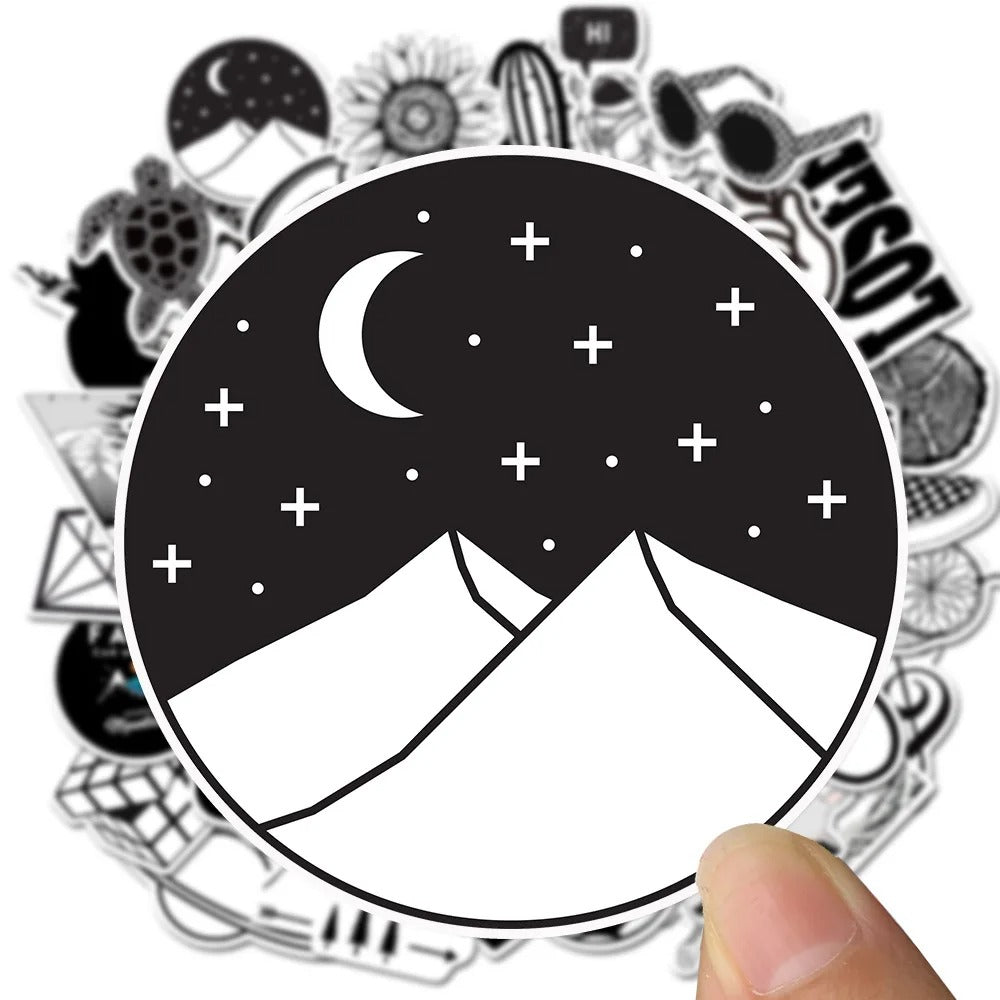 50PCS Cartoon Black & White Minimalist Series Doodle Stickers Exquisite, Fashionable, Creative DIY Journal Decorations Suitable for Water Bottles, Helmets, Skateboards, Refrigerators, Stationery Boxes