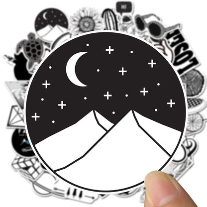 50PCS Cartoon Black & White Minimalist Series Doodle Stickers Exquisite, Fashionable, Creative DIY Journal Decorations Suitable for Water Bottles, Helmets, Skateboards, Refrigerators, Stationery Boxes