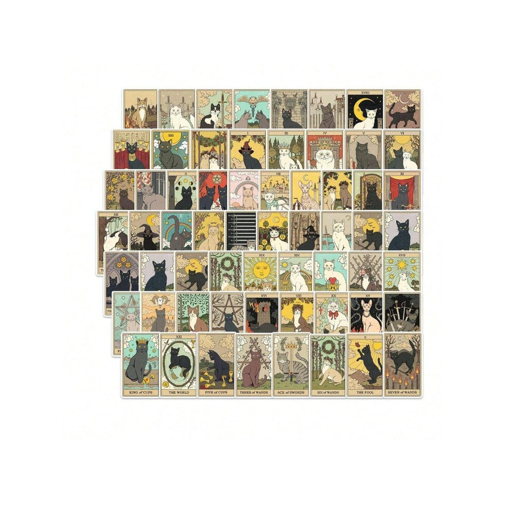 78PCS Cartoon Cute Cat Tarot Doodle Stickers Exquisite Fashionable Delicate DIY Journal Stickers Suitable for Refrigerators, Skateboards, Guitars, Water Bottles, Stationery Boxes