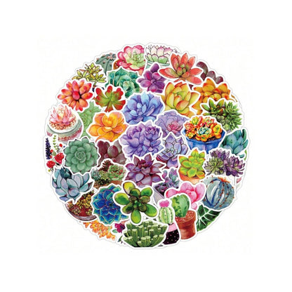 50PCS Cartoon Fresh-Style Succulent Plant Doodle Stickers Exquisite, Fashionable, Creative DIY Journal Decorations Suitable for Skateboards, Bags, Helmets, Guitars, Water Bottles, and Stationery Cases