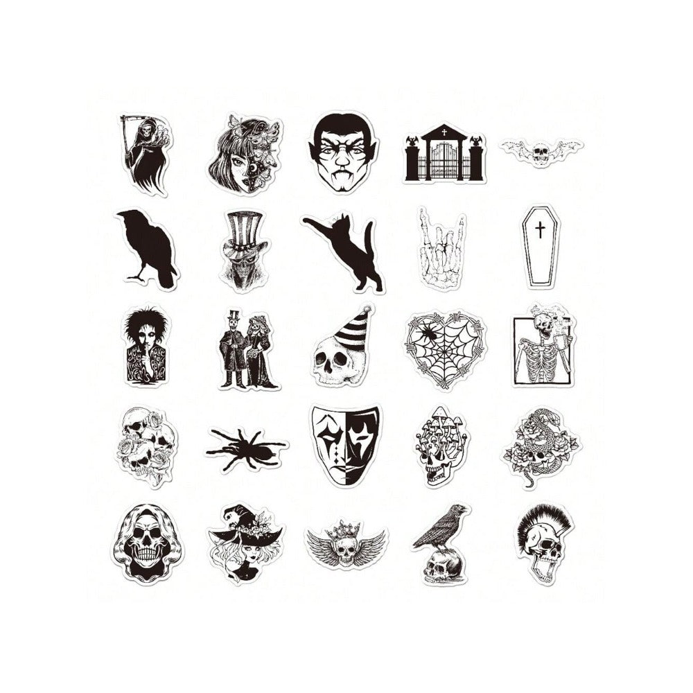 50PCS Cartoon Black & White Gothic Horror Doodle Stickers Exquisite, Fashionable, Creative DIY Journal Decor Decals Suitable for Water Bottles, Helmets, Skateboards, Pencil Cases