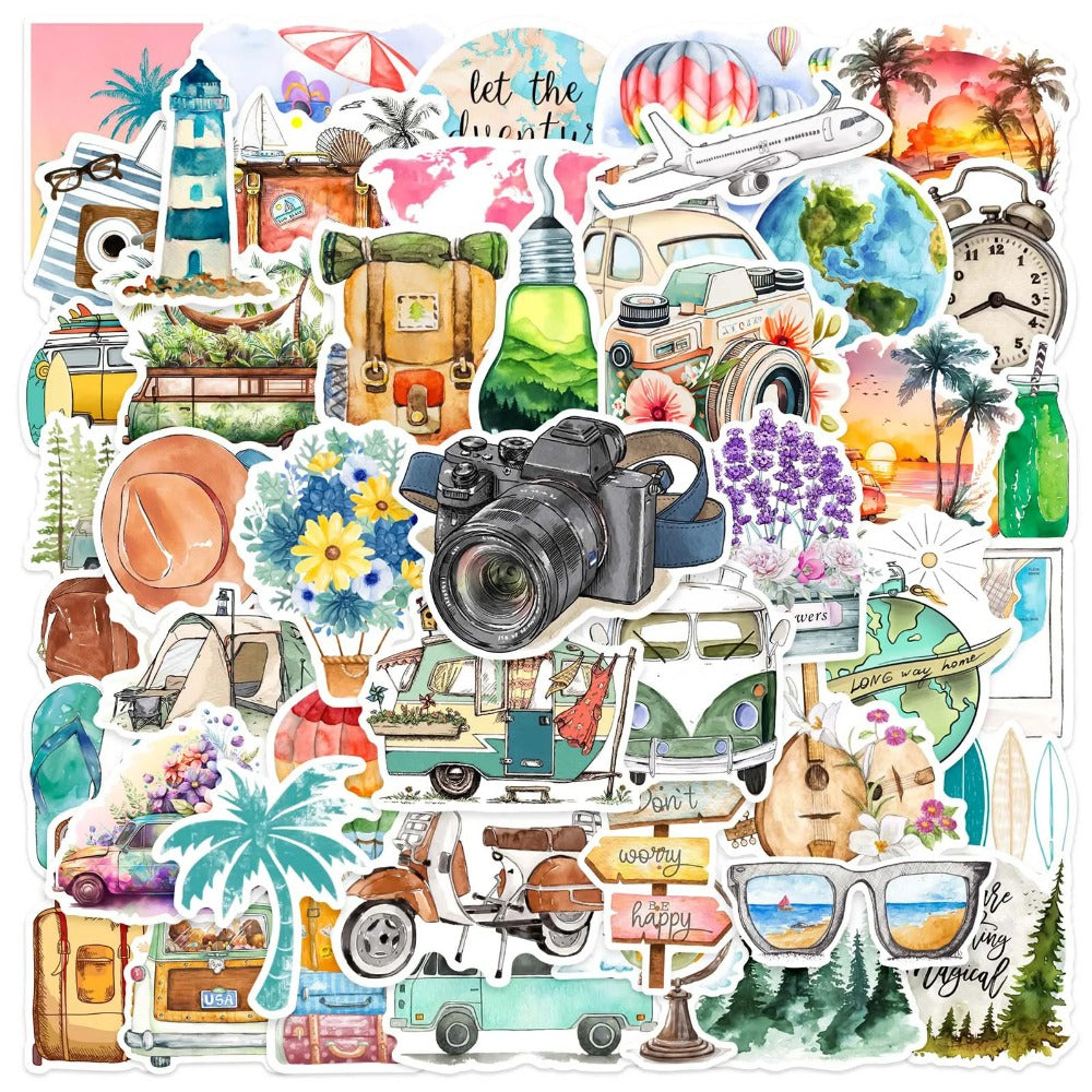 50PCS Cartoon Outdoor Travel Doodle Stickers Exquisite, Fashionable, Creative DIY Journal Decorations Suitable for Phone Cases, Laptops, Skateboards, Bags, Water Bottles, and Stationery Boxes