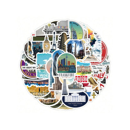 50PCS Cartoon World Famous Buildings Graffiti Stickers Exquisite Creative DIY Journal Decorative Decals Suitable for Notebooks, Refrigerators, Suitcases, Helmets, and Stationery Boxes