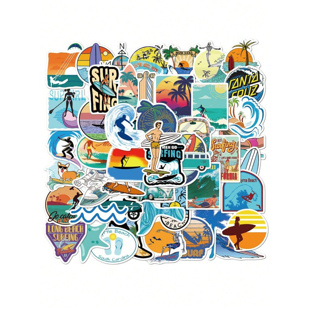 50PCS Cartoon Summer Beach Scenery Doodle Stickers Exquisite, Fashionable & Creative DIY Decorative Stickers for Notebooks Suitable for Cups, Helmets, Skateboards & Stationery Boxes