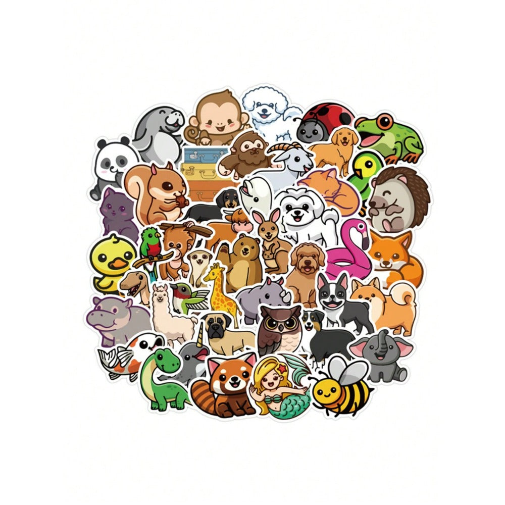 50-Piece Cartoon Animal Collection Decorative Doodle Stickers Exquisite, Fashionable, Creative DIY Journal Stickers Perfect for Cups, Helmets, Skateboards, Guitars, and Stationery Boxes