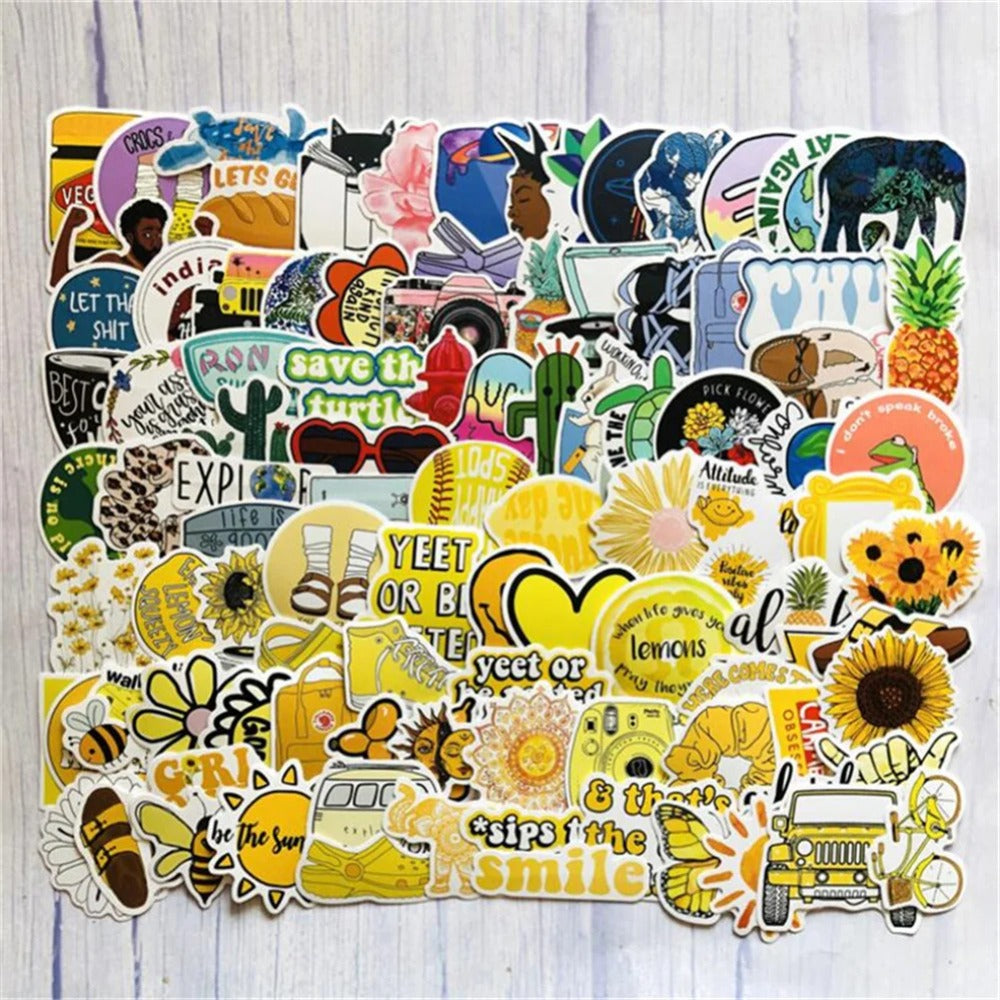 50PCS Cartoon Yellow Fresh Sunflower Doodle Stickers Perfect for journals, suitcases, laptops, water bottles, skateboards, pencil cases, and as exquisite desktop decorative decals.
