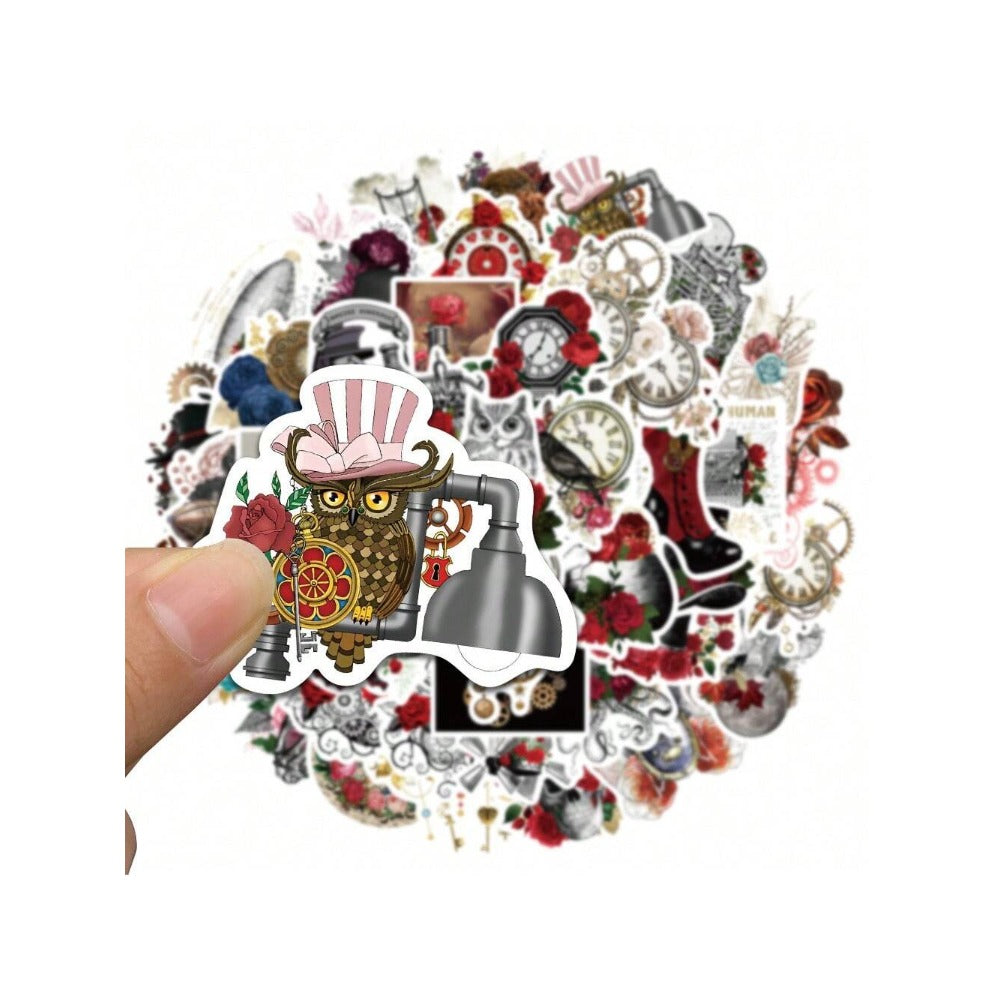 50PCS Steampunk Style Cartoon Deep Rose Graffiti Stickers Exquisite Fashion Creative DIY Decorative Sticker Decals Suitable for Notebooks, Helmets, Guitars, Skateboards, Stationery Boxes, and Desktops