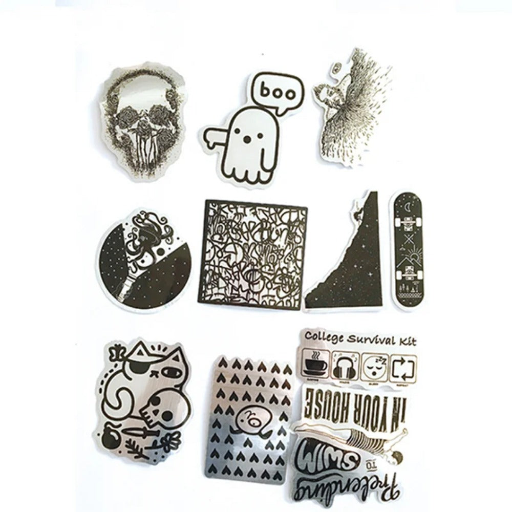 50PCS Cartoon Black & White Metallic-Style Graffiti Stickers Exquisite, Fashionable, Creative DIY Decorative Decals for Notebooks Perfect for Cups, Helmets, Skateboards, and Stationery Cases