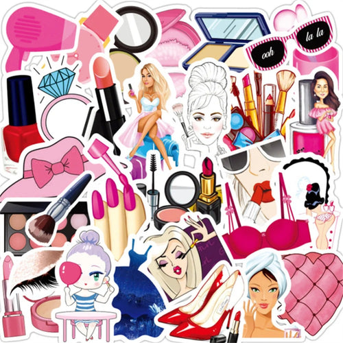 50PCS Cartoon Pink Girl Makeup Set Perfume Bottle Doodle Stickers Perfect for Journals, Skateboards, Water Bottles, Guitars, Refrigerators, Stationery Boxes Exquisite DIY Journal Decorative Decals