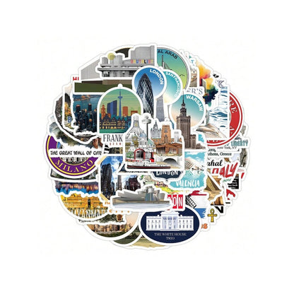 50PCS Cartoon World Famous Buildings Graffiti Stickers Exquisite Creative DIY Journal Decorative Decals Suitable for Notebooks, Refrigerators, Suitcases, Helmets, and Stationery Boxes