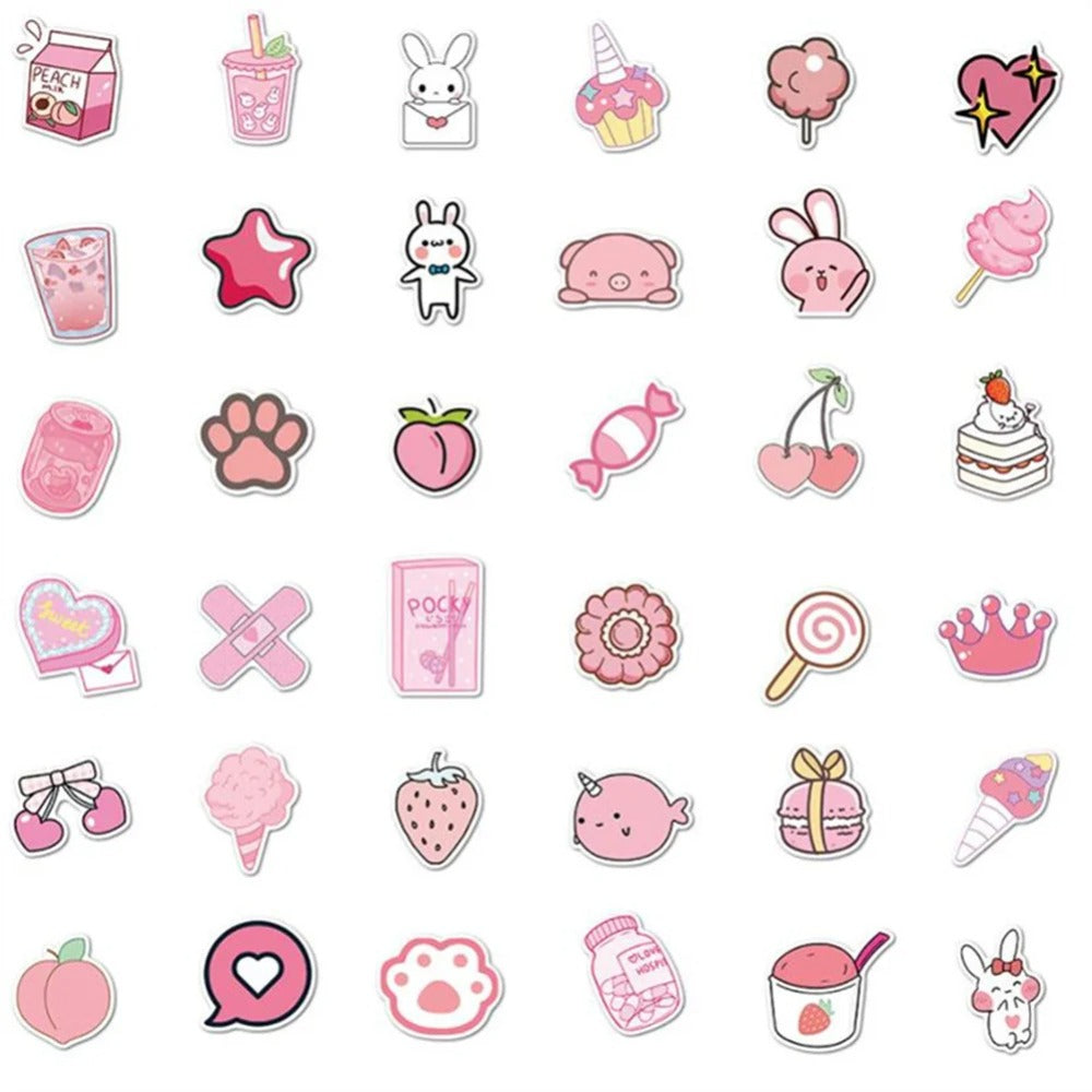 50PCS Cartoon Pink Girl Fresh & Cute Doodle Stickers Exquisite Fashion Creative DIY Journal Decorative Decals Suitable for Cups, Helmets, Skateboards, Refrigerators, Guitars, and Stationery Boxes