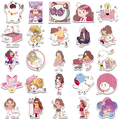 50PCS Cartoon Bee Girl and Dog Cat Doodle Stickers Exquisite and Stylish DIY Journal Decorative Decals Suitable for Phone Cases, Laptops, Luggage, Helmets, Guitars, and Stationery Boxes
