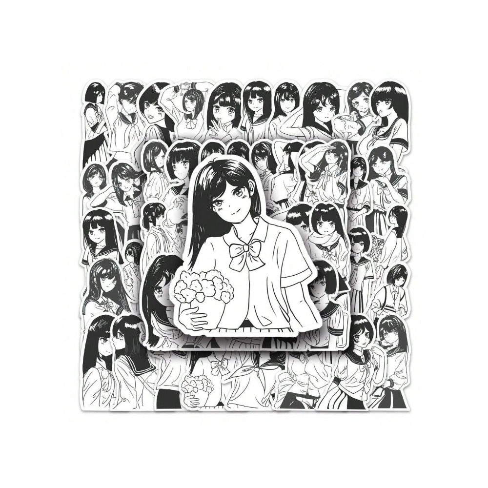 50PCS Black & White JK Uniform Cartoon Girl Doodle Stickers Exquisite DIY Creative Decorative Stickers for Notebooks Suitable for Cups, Suitcases, Refrigerators, Helmets, Guitars, and Stationery Boxes