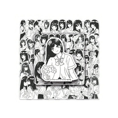 50PCS Black & White JK Uniform Cartoon Girl Doodle Stickers Exquisite DIY Creative Decorative Stickers for Notebooks Suitable for Cups, Suitcases, Refrigerators, Helmets, Guitars, and Stationery Boxes