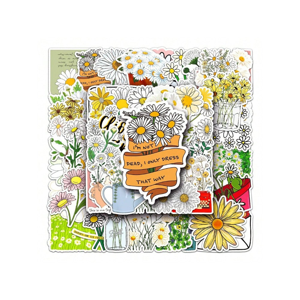50PCS Cartoon Daisy Mini Flower Doodle Stickers Exquisite, Fashionable, Creative DIY Journal Decorations Suitable for Refrigerators, Guitars, Helmets, Water Bottles, Skateboards, and Stationery Boxes