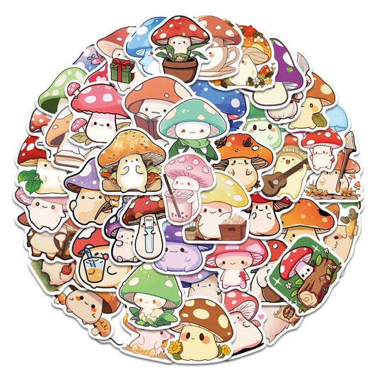 50PCS Cute Cartoon Colorful Mushroom Doodle Stickers Perfect for Suitcases, Helmets, Guitars, Water Bottles, Skateboards, Pencil Cases Exquisite DIY Desktop Decor Decals