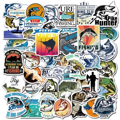 50PCS Lakeside Fishing Doodle Stickers, Serene Cartoon Decals of Rods, Hooks, and Tranquil Waters for Relaxation