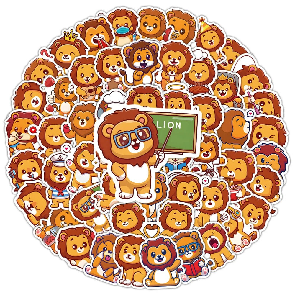 50PCS Lion Animal Doodle Stickers, Cute Cartoon Vinyl Decals for Laptop, Water Bottle, Journal, Phone Case