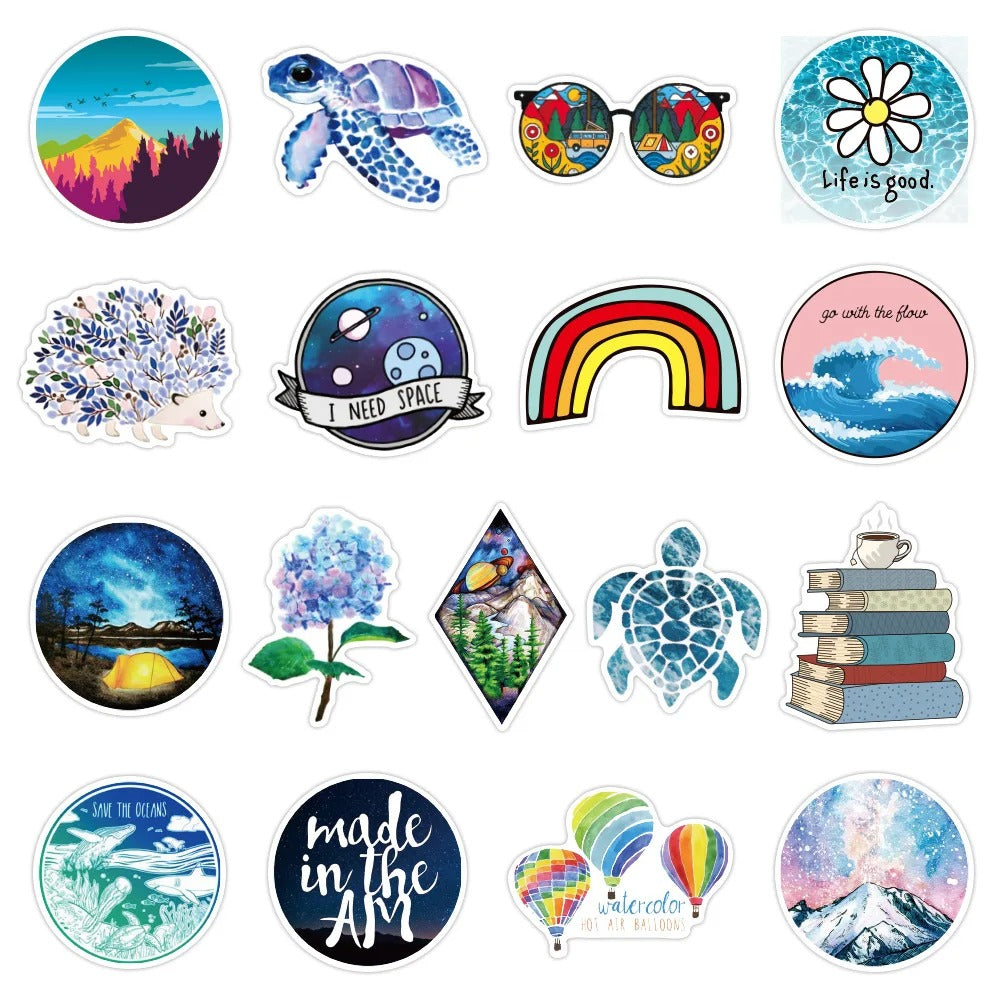 50PCS Summer Fresh Diverse Graffiti Stickers - Exquisite Fashionable Creative DIY Journal Decor Decals for Water Bottles, Helmets, Skateboards, and Stationery Cases