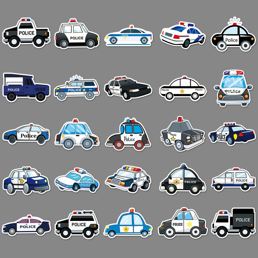 50PCS Cartoon Police Car Graffiti Stickers - Urban Patrol & Authority Theme Vinyl Decals for Street Art Journals, Social Commentary DIY, Edgy Aesthetic Projects & Creative Activism Crafts