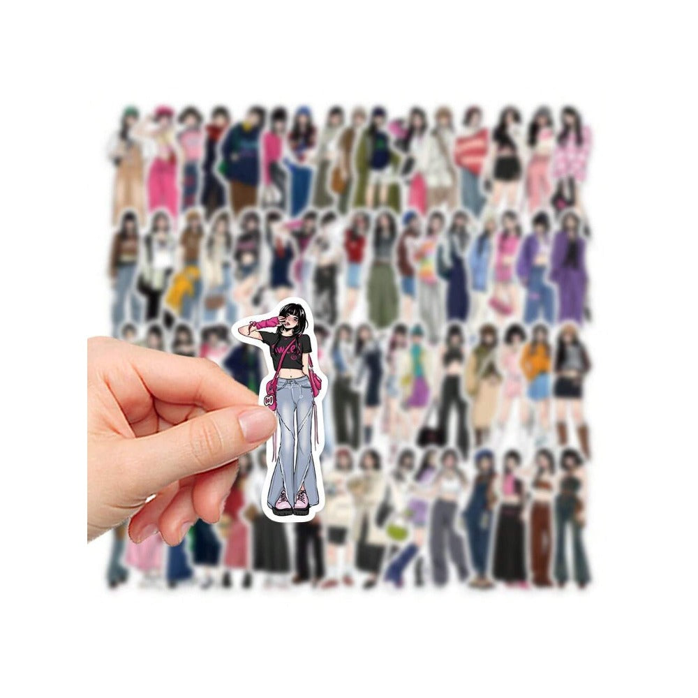 65PCS Cartoon Girl Wearing Graffiti Stickers - Exquisite, Fashionable, Creative DIY Journal Decorative Decals Suitable for Cups, Helmets, Skateboards, Guitars, and Stationery Boxes