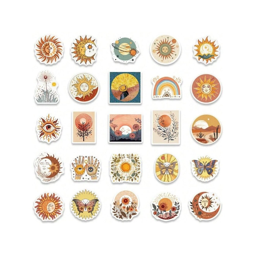 50PCS Cartoon Bohemian Sunflower and Cat Doodle Stickers Exquisite and Stylish DIY Journal Decorative Decals Suitable for Skateboards, Guitars, Helmets, Water Bottles, and Stationery Cases