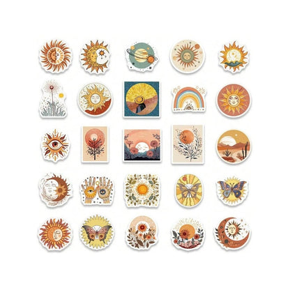 50PCS Cartoon Bohemian Sunflower and Cat Doodle Stickers Exquisite and Stylish DIY Journal Decorative Decals Suitable for Skateboards, Guitars, Helmets, Water Bottles, and Stationery Cases