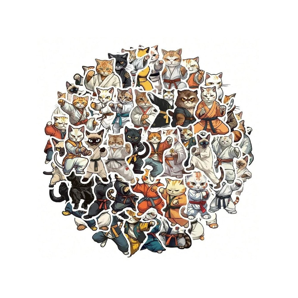 50PCS Cartoon Animal Kung Fu Meow Doodle Stickers Exquisite, Stylish, Creative DIY Journal Decorations Suitable for Notebooks, Phones, Guitars, Helmets, and Stationery Boxes