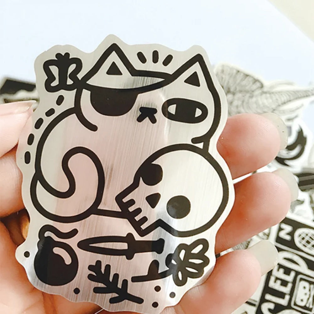50PCS Cartoon Black & White Metallic-Style Graffiti Stickers Exquisite, Fashionable, Creative DIY Decorative Decals for Notebooks Perfect for Cups, Helmets, Skateboards, and Stationery Cases
